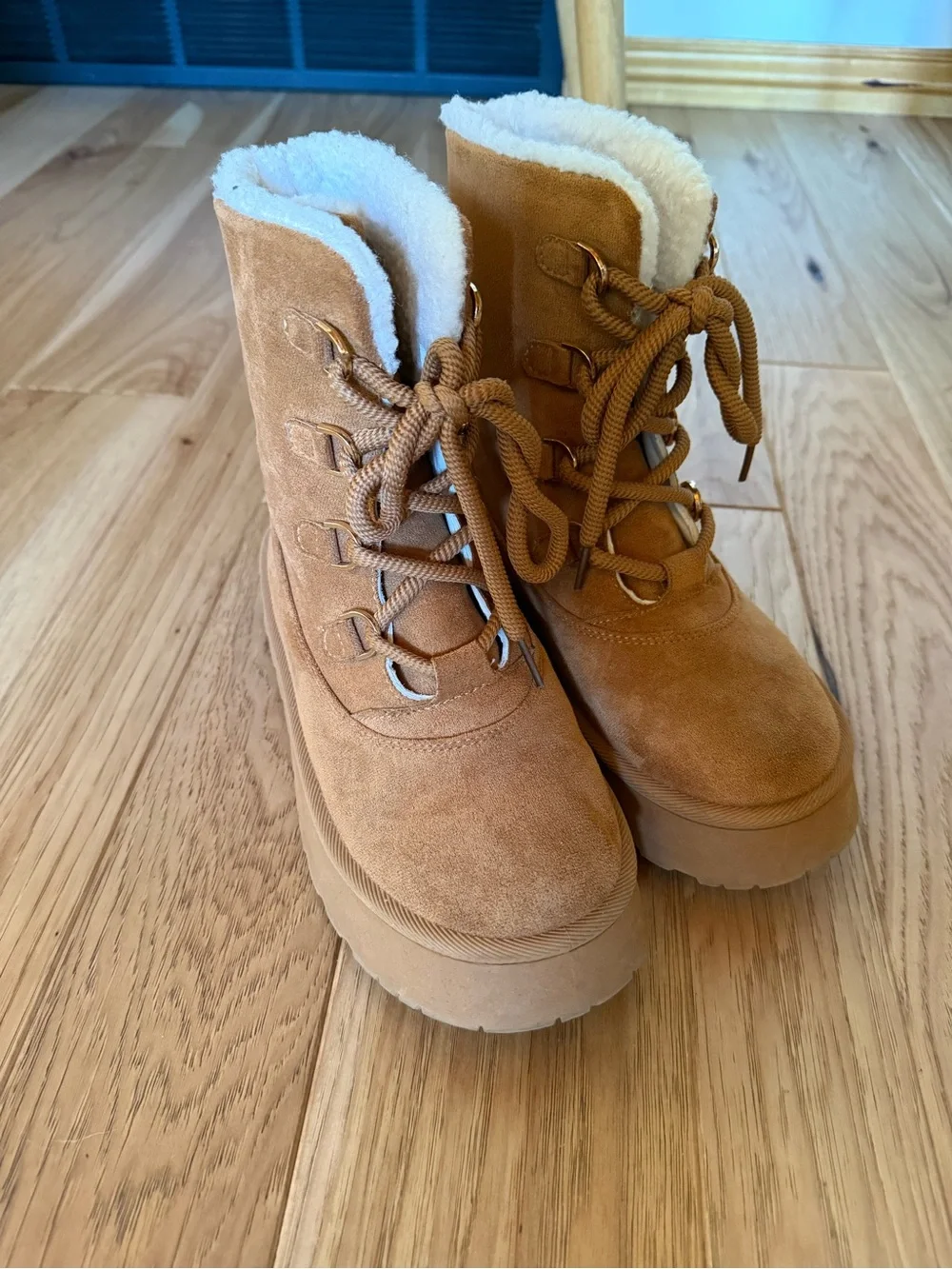 Tan Suede Platform Lace-Up Boots with Faux Shearling